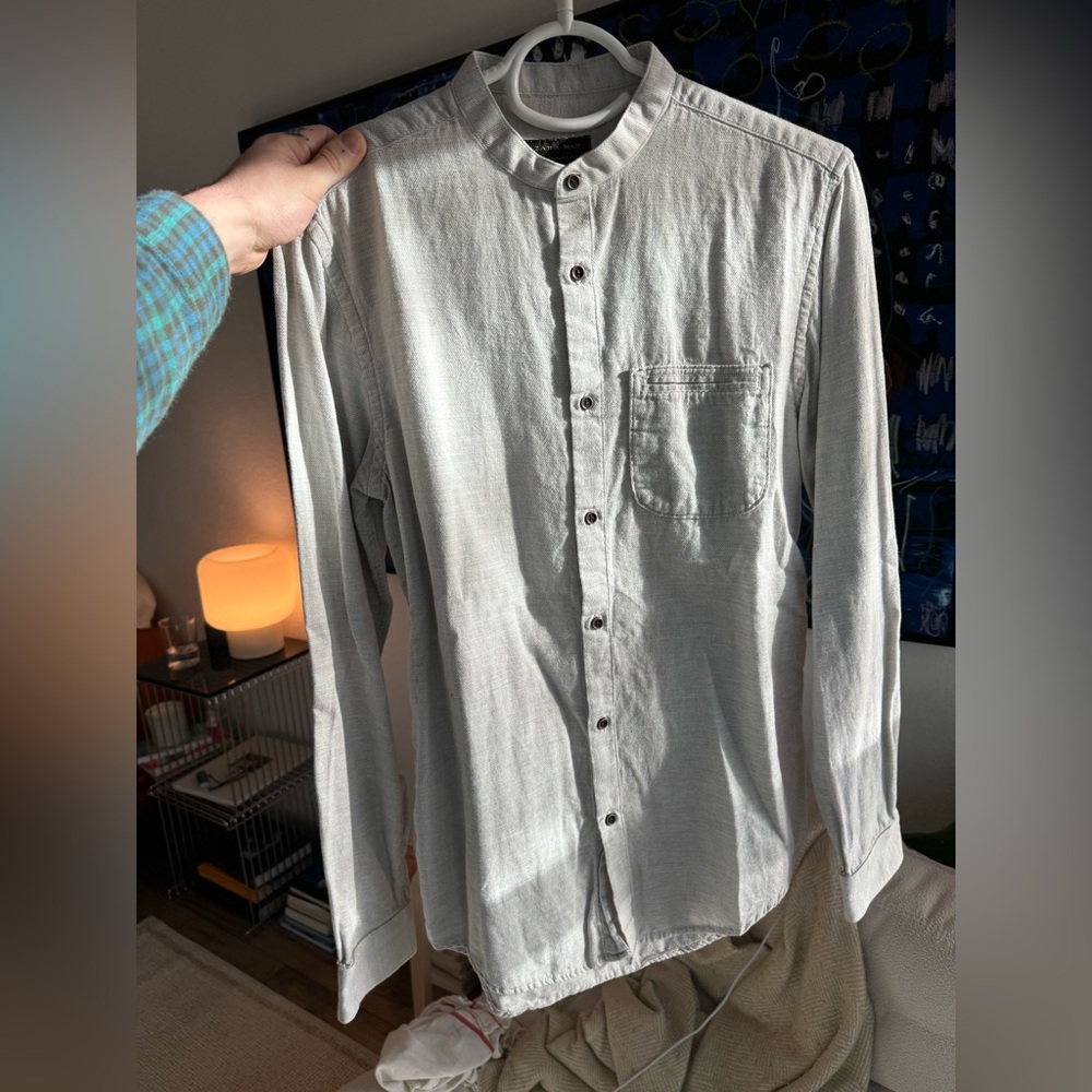 Zara Grey Collarless Button Down Slim Fit Shirt